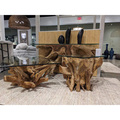 Modus One Solid Teak Root Glass Top End Table Image 1