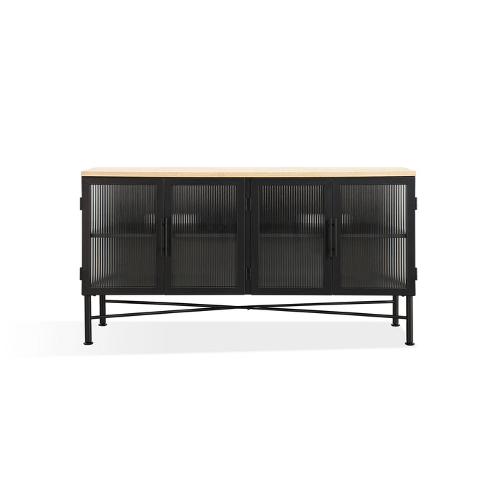 Modus Aere Four Door Ribbed Glass, Metal and Wood Sideboard in Natural Ash and Black Image 1