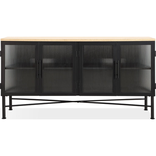 Modus Furniture Aere Four Door Ribbed Glass, Metal and Wood Sideboard in Natural Ash and Black 655450393341 MZEZ78 Image 1