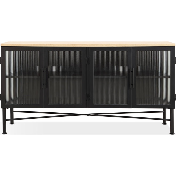 Modus Furniture Aere Four Door Ribbed Glass, Metal and Wood Sideboard in Natural Ash and Black 655450393341 MZEZ78 Image 1