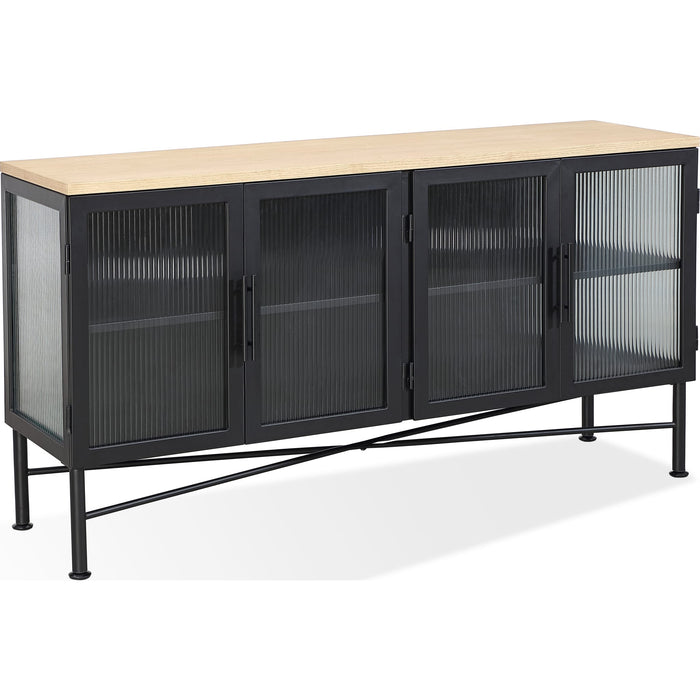 Modus Furniture Aere Four Door Ribbed Glass, Metal and Wood Sideboard in Natural Ash and Black 655450393341 MZEZ78 Image 5