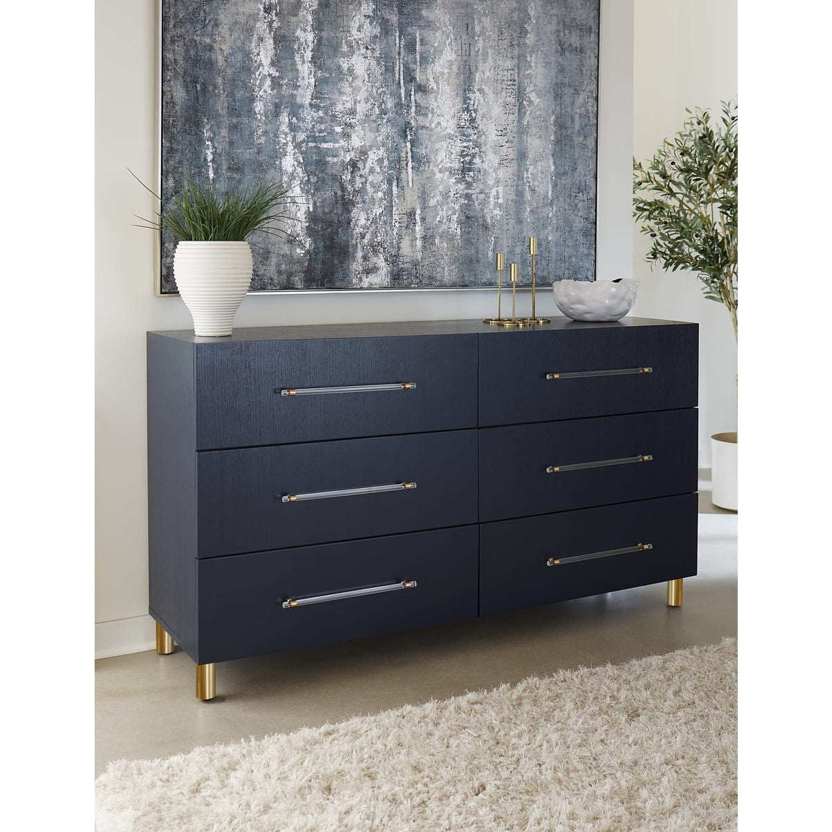 Argento Six Drawer Dresser in Navy Blue and Burnished Brass (2024