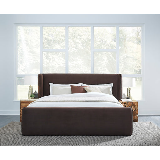 Modus Furniture Bacall Velvet Upholstered Wingback Platform Bed in Cola  PCRJH  Main Image