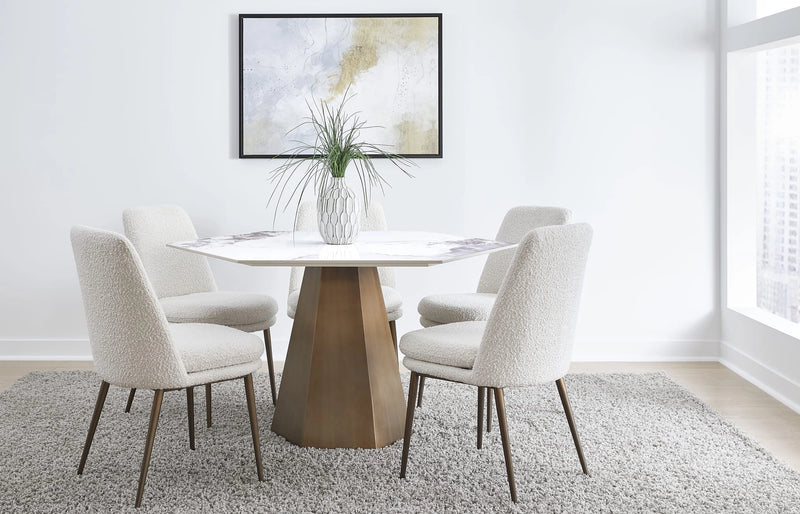 Dining room with a stone-top hexagonal dining table