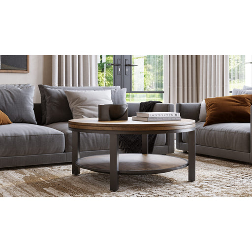 Modus Furniture Canyon Solid Wood and Metal Round Coffee Table in Washed Grey 655450218156 AE8721 Main Image