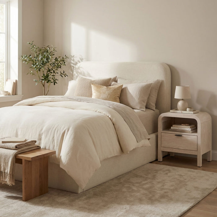Modus Furniture Off White Upholstered Platform Bed in Whipped Honey Linen  MQ1LJ  Main Image