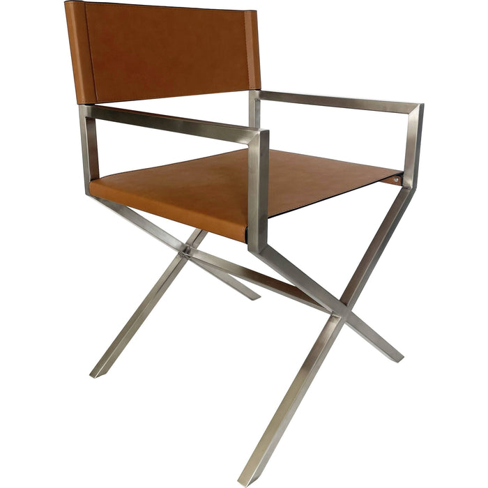 Modus Furniture One Modern Coastal Director s Dining Arm Chair in Cognac and Brushed Stainless Steel 655450404320 JVHH63 Main Image