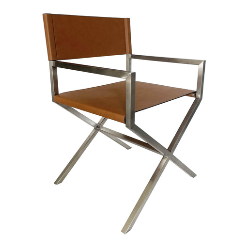 Modus One Modern Coastal Director's Dining Arm Chair in Cognac and Brushed Stainless Steel Main Image