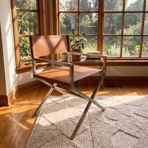 Modus Furniture One Modern Coastal Director s Dining Arm Chair in Cognac and Brushed Stainless Steel 655450404320 JVHH63 Main Image