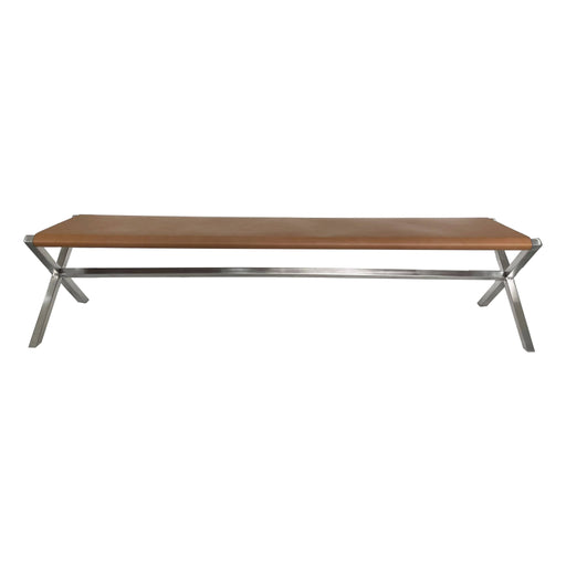Modus One Modern Coastal Director's Style Leather Dining Bench in Cognac and Brushed Stainless Steel Main Image