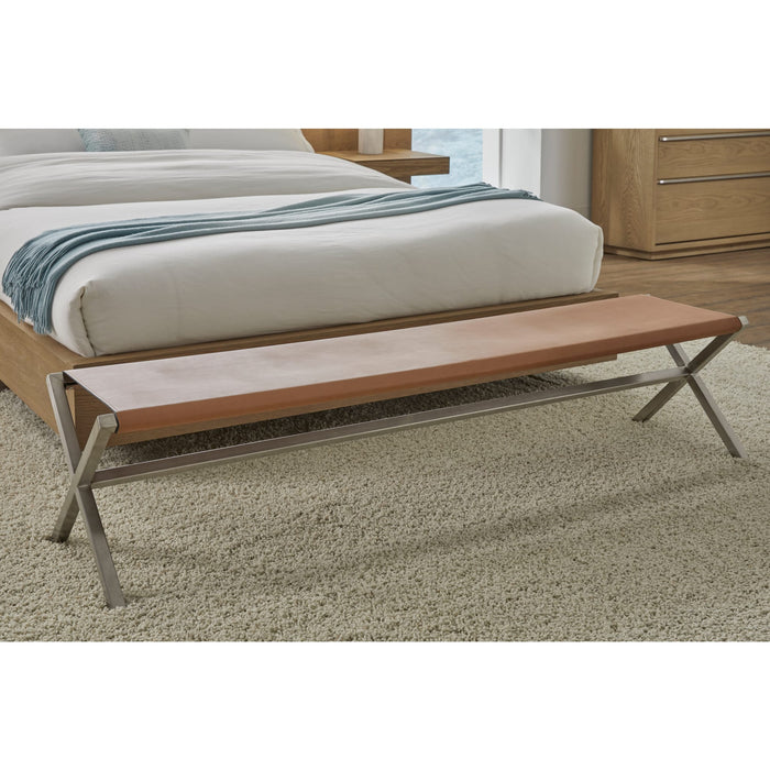 Modus Furniture One Modern Coastal Director s Style Leather Dining Bench in Cognac and Brushed Stainless Steel 655450404337 JVHH65 Main Image