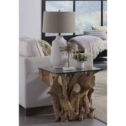 Modus Furniture One Solid Teak Root Glass Top End Table 655450405259 JVHS22 Main Image