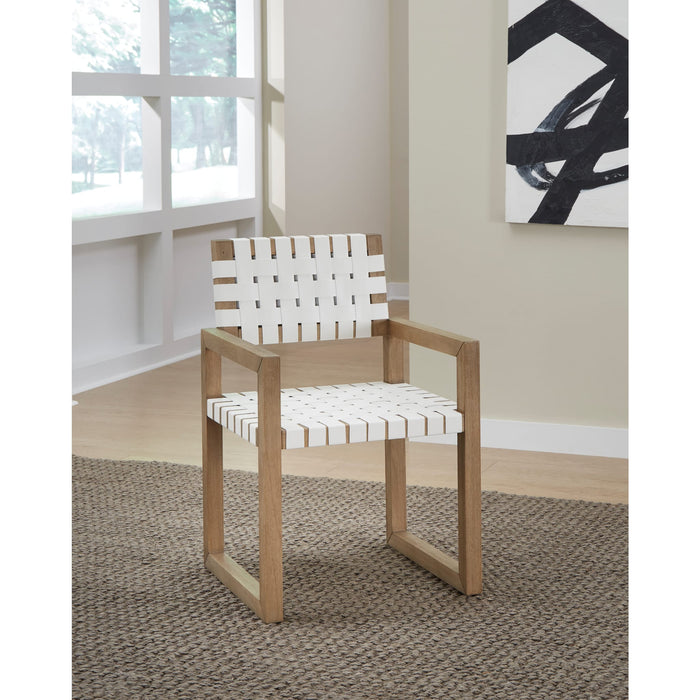 Modus Furniture One Woven Leather and Solid Wood Dining Arm Chair in White and Bisque 655450404542 JVLH64A Main Image