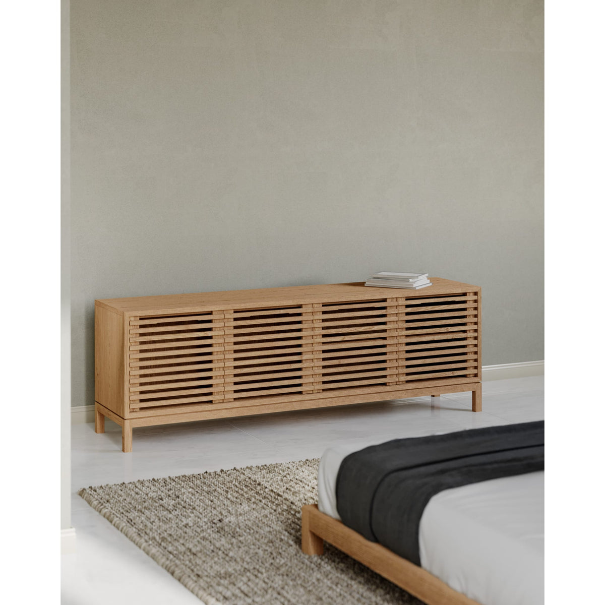 Tanner Four Door Solid Ash Media Console in Flaxen — Modus Furniture