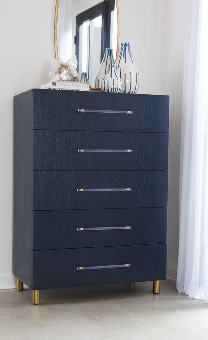 Argento Five Drawer Chest in Navy Blue and Burnished Brass